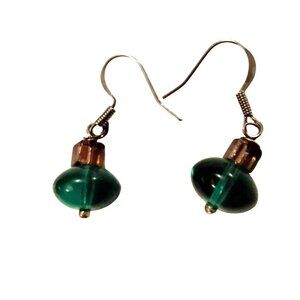 Earrings Green Glass Bead Iridescent iris  Accent Handmade Dangle